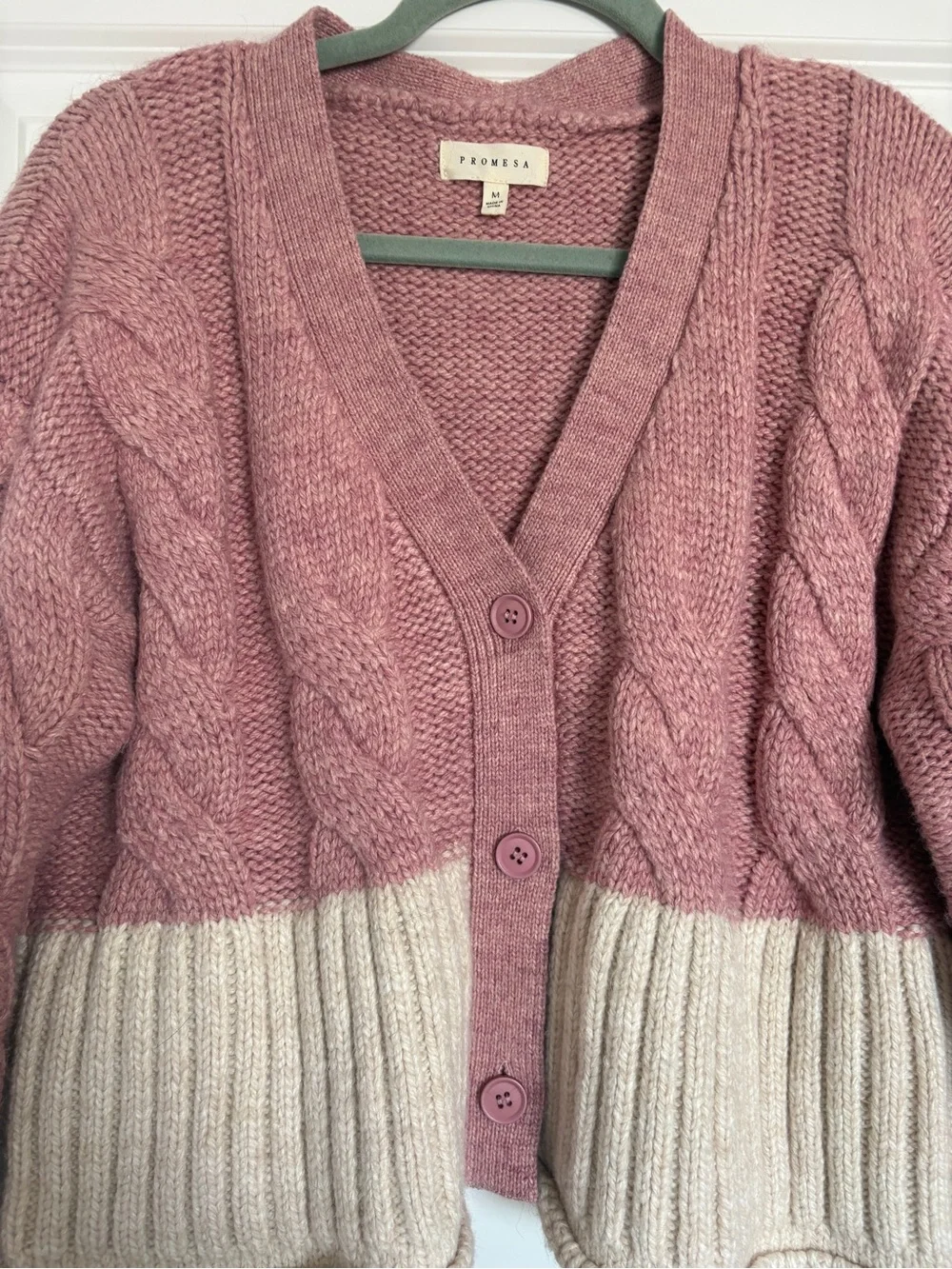 Promesa Pink & Cream Cable Knit Cropped Cardigan